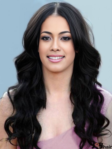 Long Wavy Without Bangs Black Good 100% Hand-tied Wigs
