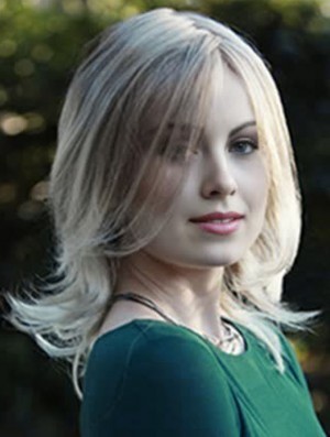Layered Blonde Wavy Shoulder Length 14 inch Hairstyles Medium Wigs
