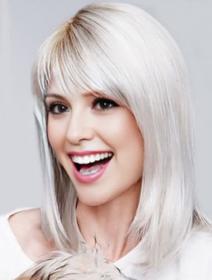 Straight 13 inch Shoulder Length Grey Wigs